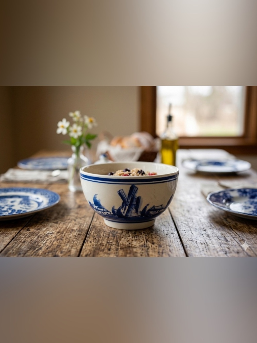 Vintage Delft Style Blue & White Windmill & Sailboat Ceramic Bowl